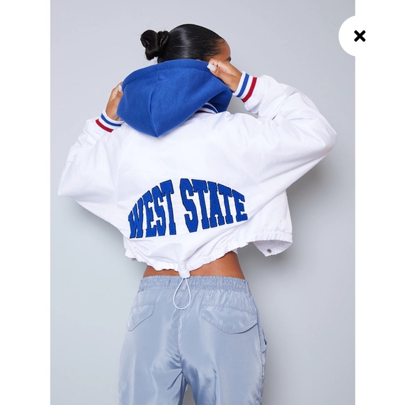 Pretty Little Thing White Contrast Jersey Hooded Cropped Nylon Bomber Jacket - Picture 2 of 3